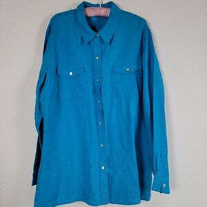 Lino By Chico's Womens Size 3 Long Sleeve Blue Linen Button-Up Shirt Casual